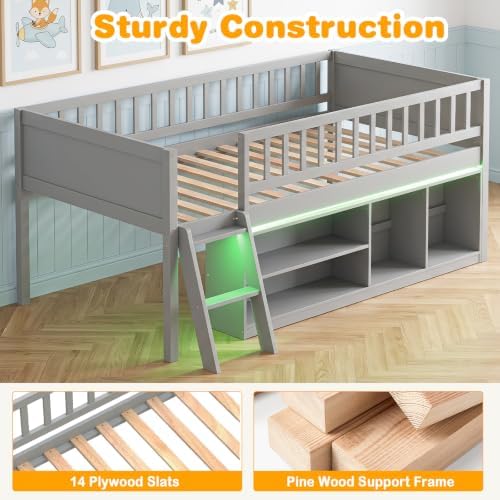Giantex Low Loft Bed Twin Size with LED Lights, 2-Tier Storage Bookcase