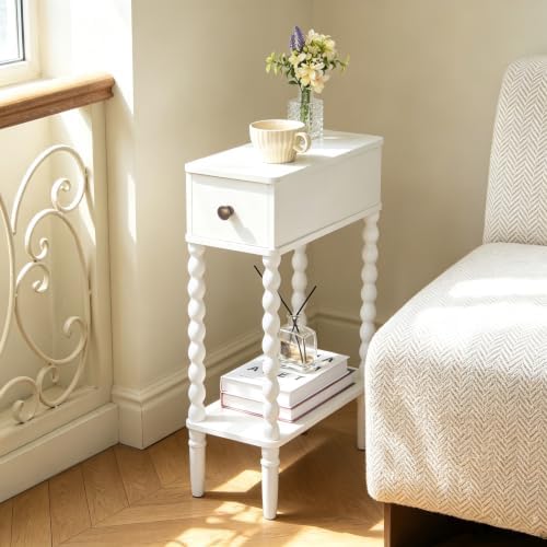 Fultyle Narrow White End Table, Slim Side Table with Drawer and Open Shelf