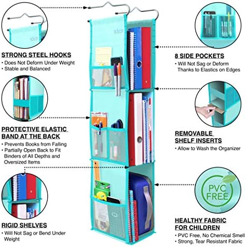 ABRA® 3 Shelf Hanging Locker Organizer for School, Work, Gym, Storage | Deep Shelves 6.5" x 9”| Eco-Friendly Fabric | Adjustable School Locker Shelf from 3 to 2 Shelves (Ocean Turquoise).5