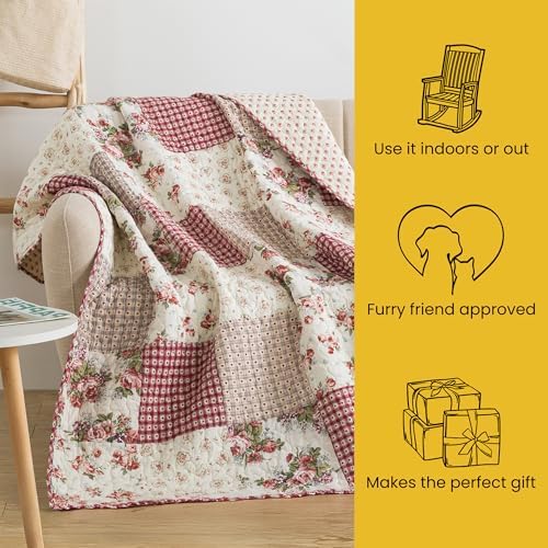 SLPR - Cotton Quilted Throw Blanket, 50" x 60" Patchwork, Country Roses