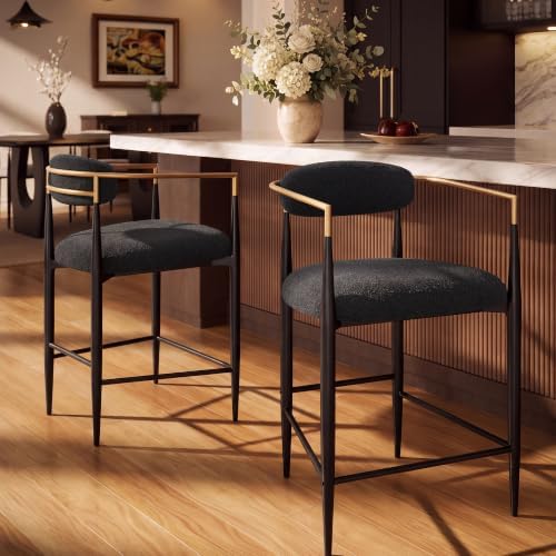 Morden Fort Counter Height Bar Stools Set of 2 with Gold Arms, Black Boucle