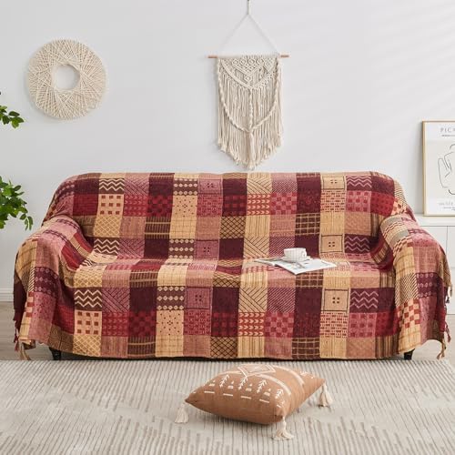 Boho Throw Blanket,Patchwork Large Blankets for Sofa Double Bed Armchair Couch,Weighted Soft Furniture Throws,Tassels Chenille Throws and Blankets for Bohemian Decor (86"*102")…