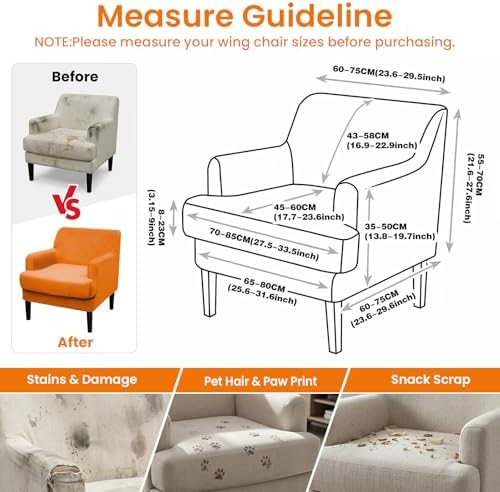 Mid-Century Accent Chair Covers with Cushion Cover Velvet 2 Pieces Upholstered Armchair Slipcovers for Living Room Comfy Sofa Reading Furniture Protector for Apartment Bedroom Office (Orange)