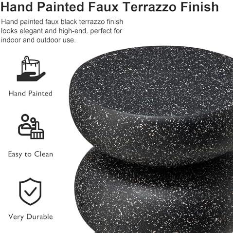 Glitzhome Outdoor Side Table Set of 2, 18" H Decorative Garden Stool MgO Faux Terrazzo End Table, Heavy Duty Indoor Outdoor Round Planter Stand for Living Room Bedroom Patio Deck Poolside,Black