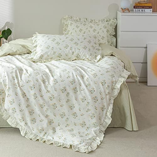 Romantic Green Ruffle Duvet Cover Cotton Twin(68"x86"),Yellow Floral
