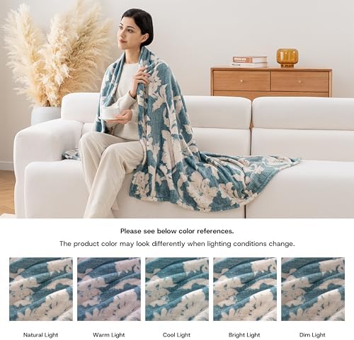 Luxury Printed Fleece Warm Blanket, Soft Lightweight Velvety Plush Throw for Couch and Bed, Cozy Comfy for All Seasons(Blue Floral Silhouette, 90×90 Inches)