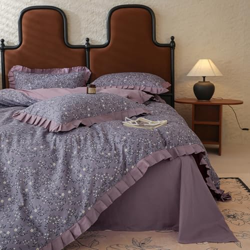 Girls Flower Duvet Cover Set 100% Cotton Queen(90"x90"),Ruffled Purple