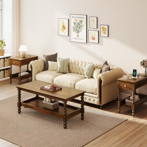 YOSHOOT Farmhouse End Table with Charging Station - Narrow Side Table for Living Room Bedroom Small Space, Wood Nightstand with Drawer and Power Outlets, Walnut