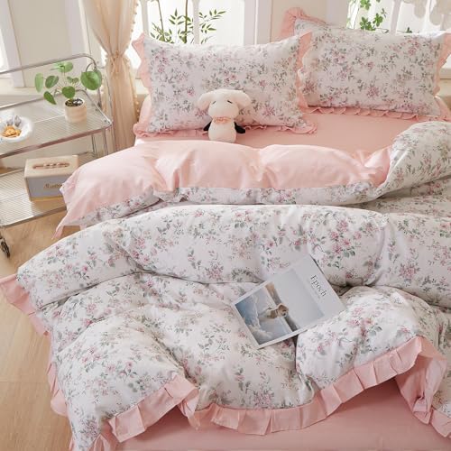 Pink Floral Duvet Cover Set 100% Cotton Queen(90"x90"),Ruffled Rose