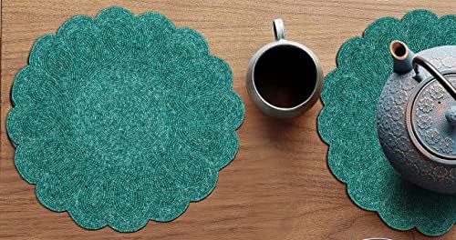 Lightnpro Handmade Beaded Placemats Set of 2 – 13 Inch Teal Round Scalloped Charger Mats, Elegant Teal Table Décor for Dining, Parties & Weddings | Handcrafted Artisan Beadwork Table Accessories