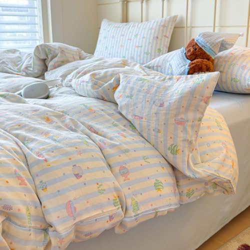 Kids Fish Duvet Cover Set Muslin Cotton,Twin(68"x86"),Blue Striped
