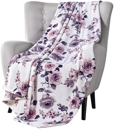 Soft Fleece Throw Blanket, Elegant Floral Roses Lavender White Pink, 50x70