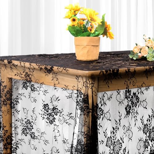 Fowecelt Black Lace Tablecloth 60 × 120 Inch for Rustic Boho Wedding Bridal Shower Party Decoration, Classy Rectangle Overlay Long Vintage Embroidered Reception Table Cloth Decor
