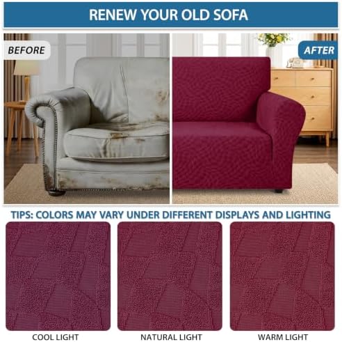 ZNSAYOTX 1 Piece Stretch Loveseat Covers for 2 Cushion Couch (55"-71"), New Plaid Couch Cover with Non-Slip Buckle for Dog Pets, Soft Cozy Washable Sofa Slipcover Form Fit Protector, Wine Red