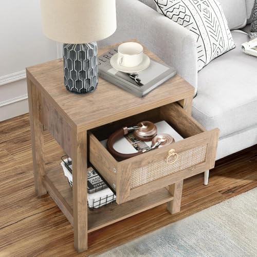 VOWNER Rattan Nightstands Set of 2 - Farmhouse Bedside Table Night Stand with Drawer and Storage Shelf, Boho End Side Table for Bedroom, Mesitas De Noche para Dormitorio, Dark Oak
