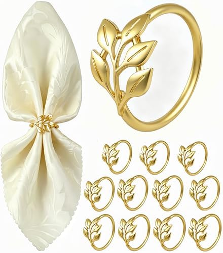 Gold Napkin Rings Set of 12, Solid Zinc Alloy Leaf Table Decor