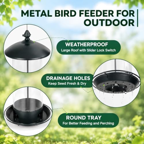 Gbekery Metal Bird Feeders for Outdoors Hanging, 360° Feeding Tray, Black