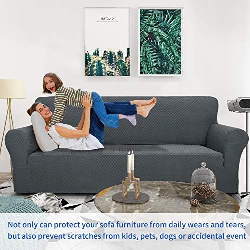 ZNSAYOTX 1 Piece Jacquard Couch Covers for 3 Cushion Couch Living Room High Stretch Sofa Cover Pets Dogs Friendly Anti Slip Thickened Slipcovers Furniture Protector (Sofa, Dark Grey)