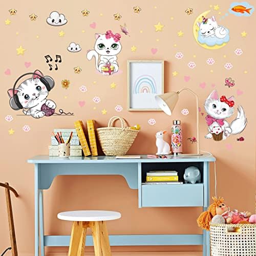 Glow in The Dark Stars for Girl's Room, Glowing Cats Cartoon Wall/Ceiling Decals, Kitten Butterflies Stickers for Kids Bedroom, Luminous Wall Decor for Nursery (Blue)
