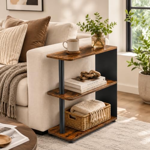 3-Tier Narrow End Table, Industrial Slim Side Table, Rustic Brown