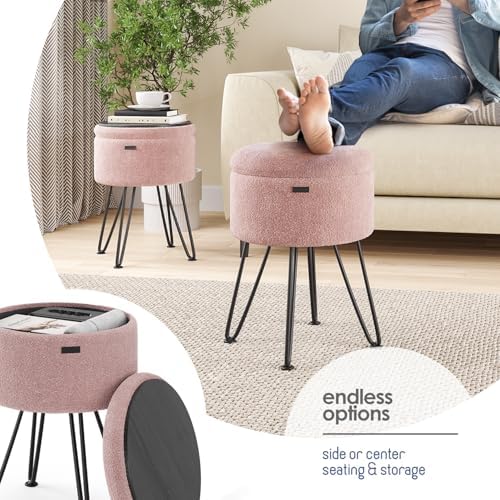 Round Ottoman with Storage, Boucle Storage Ottoman, Foot Stool Ottomans, Makeup Vanity Stool, Small Ottomans Foot Rest, Modern Vanity Stools for Living Room and Bedroom, Pink