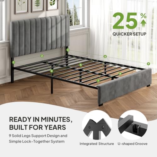 Welzona Full Size Velvet Upholstered Bed Frame with Tufted Headboard, Grey