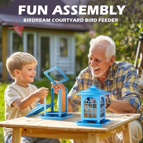 Birdream 2 Pack Bird Feeders for Outdoor Hanging, Assembly Required, 1-Min Easy Setup, Classic Courtyard Design, Attracting Cardinals Chickadees Goldfinches & Sparrows - Blue