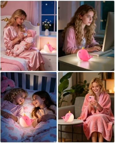 Fuloon Narwhal Night Light, 3-Level Dimming Silicone Touch Lamp with Rechargeable Battery & Timer, Cute Squishy Unicorn Whale Desk Decor, Funny White Elephant Gift for Adults Teens Kids (Pink)
