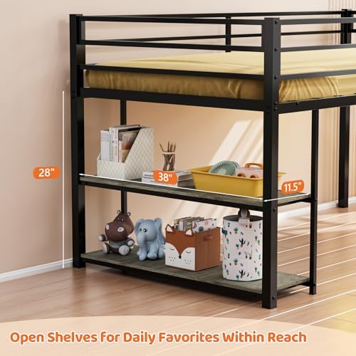 JOYMOR Low Loft Bed Twin Size with 3 Storage Drawers, 2 Tier Storage Shelves, 2 Tier Bookcase and LED Lights, Metal Kids Loft Bed with Safety Guardrail, Spave Saving Design (Black&Gray)