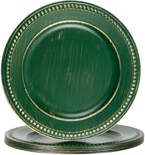 Vintage Charger Plates Set of 6, Beaded Service Plate, Plastic Charger Plate Set Bulk Wedding Easter, Event, Saint Patrick, Holiday, Christmas, Elegant Table Setting Centerpieces, Hunter Green