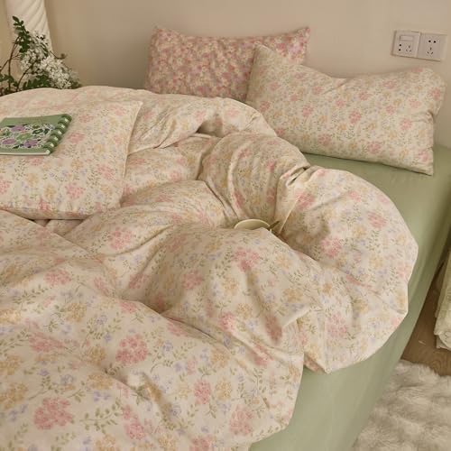 Floral Duvet Cover Set Queen Size 100% Cotton Double Gauze Queen Comforter Cover Soft Boho Cutecore Zipper Duvet Cover Set with Ties Aesthetic Girl Bedding Set Muslin Duvet Protector