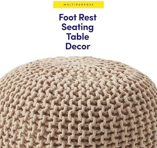 Pouf Ottoman Foot Rest Stuffed – 20” Diameter x 14” Tall Cozy Floor Pouf for Living Room, Bedroom, Nursery & More – 100% Cotton Knit Shell, EPS Bead Filled Footrest & Accent Chair, Taupe