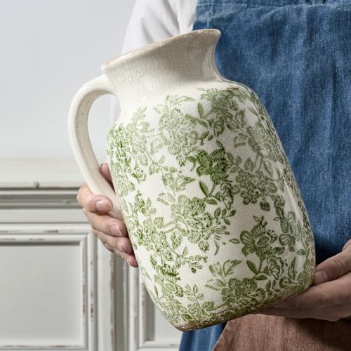 Ceramic Vintage Vase Flower Decorative Vase Chinoiserie Decor Rustic Farmhouse Retro Floral Vases for Table Bookshelf Mantel Kitchen Living Room Office - 9.5" Green