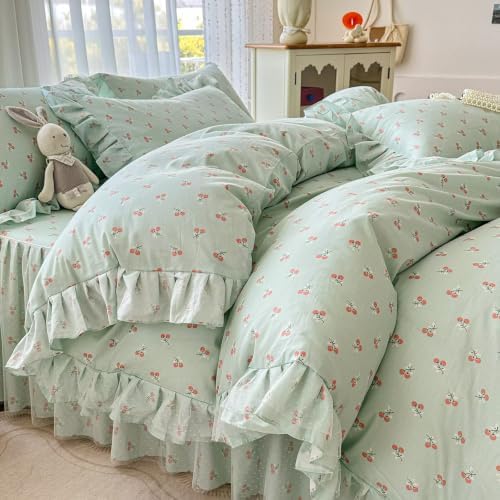 Green Cherry Duvet Cover Full Size with 2 Pillowcases,Cute Bedding