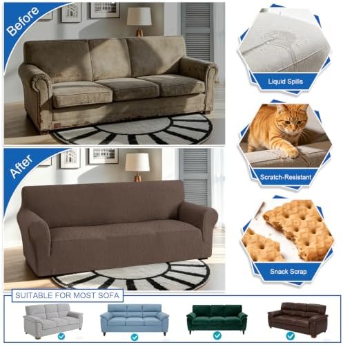 MAXIJIN Waterproof Couch Covers for Sofa (71"-91"), Stretch Sofa Cover Slipcovers with Non Slip Elastic Bottom, Dog Pet Friendly Furniture Protector Washable (Large, Coffee)