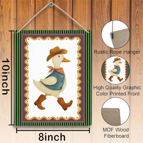 FUGWN Western Cowboy Duck Nursery Hanging Wooden Signs 8x10, Cowboy Duck Farm Animal Nursery Wall Decor Wood Plaque Hanging Decorations for Kids Toddler Boys Room Bedroom Playroom Door Decor