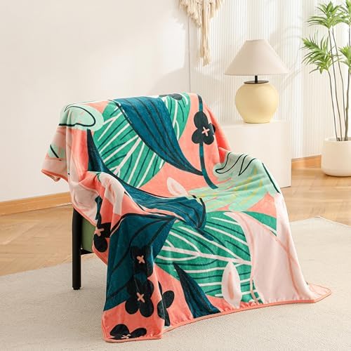 Tyrot Boho Floral Flannel Fleece Queen Blanket – Soft, Warm & Lightweight Fuzzy Blanket for Couch, Bed, or Sofa Decor, Cute Botanical Design Throw for Women & Girls, 90''x90', Coral
