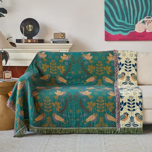Boho Throw Blanket, 100% Soft Cotton Floral Quilt, King 90"x 98"