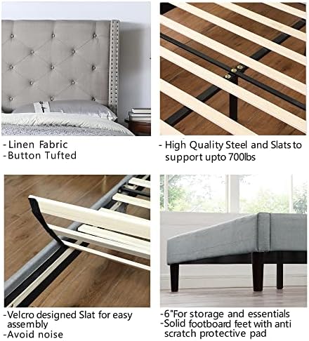 Full Upholstered Platform Bed Frame with 51" Tall Headboard - Button Tufted Cloth Bed - Wood Slat Support with Storage Space - No Box Spring Needed - Easy Assembly - Grey - Oliver & Smith - Astor