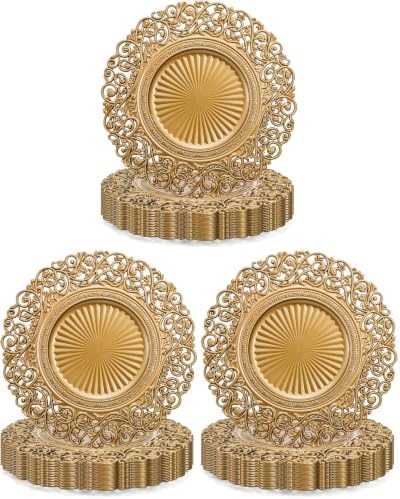 Foraineam Gold Charger Plates Set of 12, 13" Round Plastic Dinner Chargers, Decorative Hollowed Out Flowers Serving Plates for Table Setting, Catering, Wedding, Party, Event (Pack of 3)