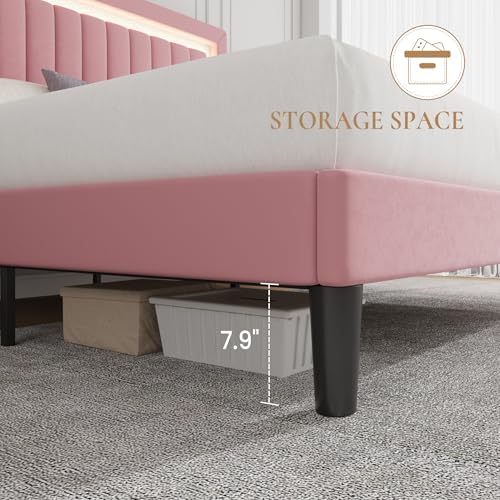 SHA CERLIN King Size Velvet Bed Frame with LED Light, Pink