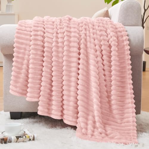 BEDELITE 3D Ribbed Light Pink Fleece Throw Blanket for Couch, 50x60 Inch
