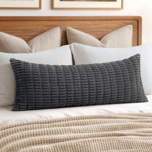 MIULEE Lumbar Corduroy Throw Pillow Cover for Bed 14x36 Dark Grey