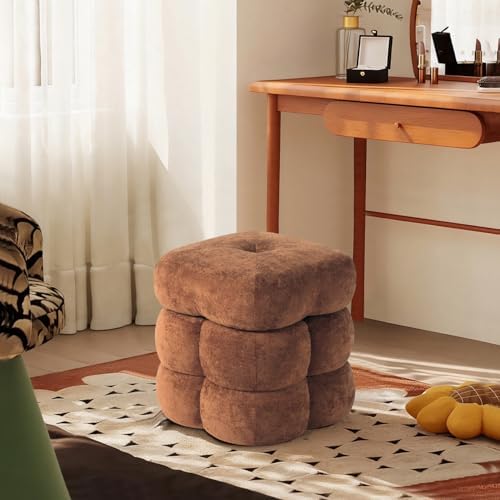 Get Set Style 360° Swivel Flower Ottoman, Linen Vanity Stool Footrest with 300LBS Capacity, No Assembly Small Space Accent Chair for Living Room Bedroom Entryway (Honey Ginger)