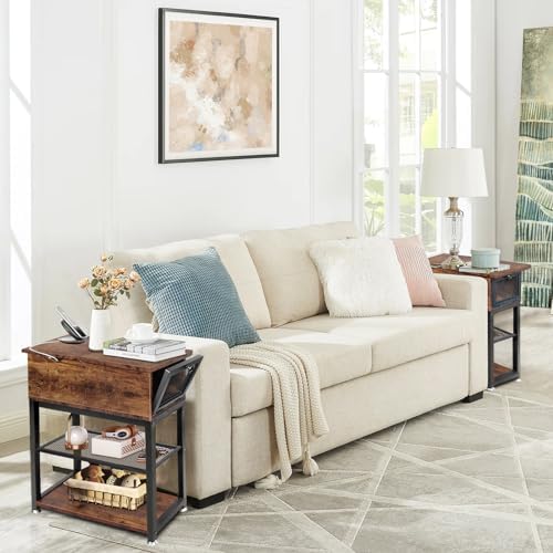 End Tables with Charging Station Set of 2, Flip Top 8.4" Super Deep Drawer
