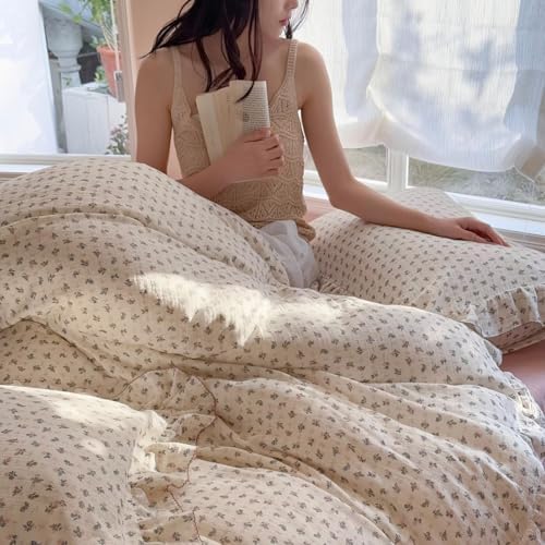 Cottage Floral Duvet Cover Twin with Ruffles, Bellflower, No Pillow