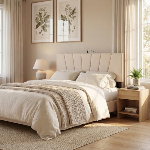 KOMFOTT Upholstered Full & Queen Headboard with Charging Station, Beige