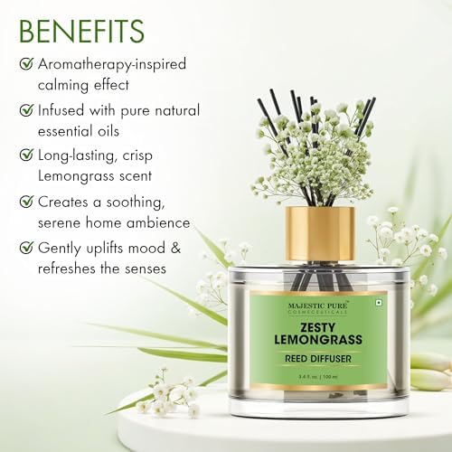 Majestic Pure Lemongrass Reed Diffuser for Home, Bathroom & Office | Natural Aromatherapy Air Freshener & Room Fragrance, with Reed Sticks & Dried Flowers 3.4 fl oz