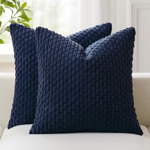 Kevin Textile Soft Corduroy 18x18 Inch Pillow Covers 2 Pack, Navy Blue