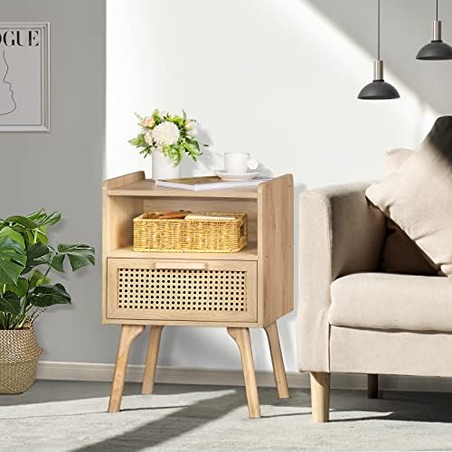 Lerliuo Rattan Nightstand, Boho Side Table with Drawer Open Shelf